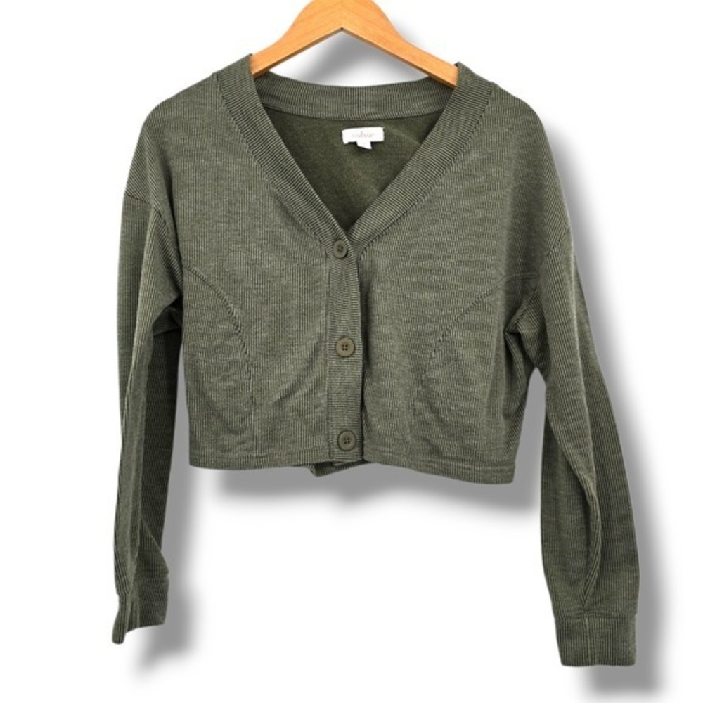 Colsie Cropped Cardigan Olive Green Striped V Neck Button Up Top Size‎ M